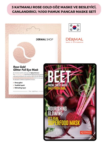 3 Katmanlı Rose Gold Göz Maske ve Besleyici, Canlandırıcı, %100 Pamuk Pancar Maske Seti