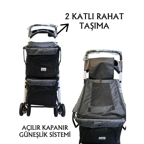 Tommy İki Katlı Evcil Hayvan Arabası 85x51x100cm Siyah Max 10+10 Kg - Resim 2