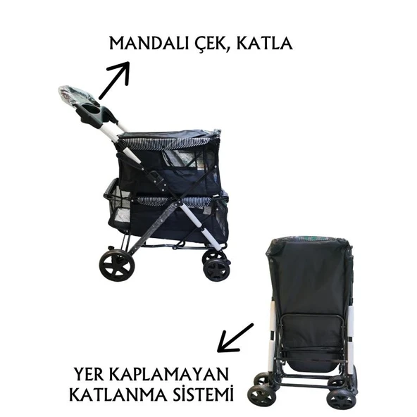 Tommy İki Katlı Evcil Hayvan Arabası 85x51x100cm Siyah Max 10+10 Kg - Resim 3