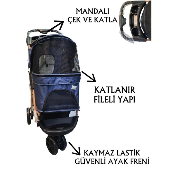 Tommy Evcil Hayvan Arabası 87x50x107cm Lacivert Max 20 Kg - 2