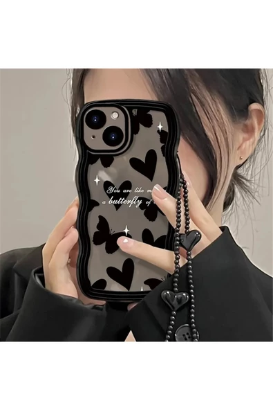 iPhone 14 Pro Kelebek ve Kalp Desenli Kalpli Askılı Puffer Kılıf