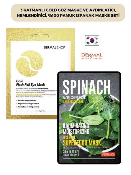 3 Katmanlı Gold Göz Maske ve Aydınlatıcı, Nemlendirici, %100 Pamuk Ispanak Maske Seti