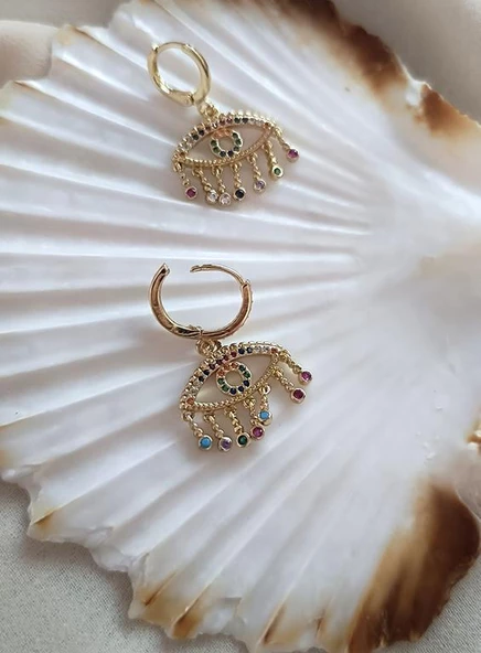 Küpe Kararmaz Çelik 316L Lüks Kadın Küpe Göz Gökkuşağı Küpe - Resim 3