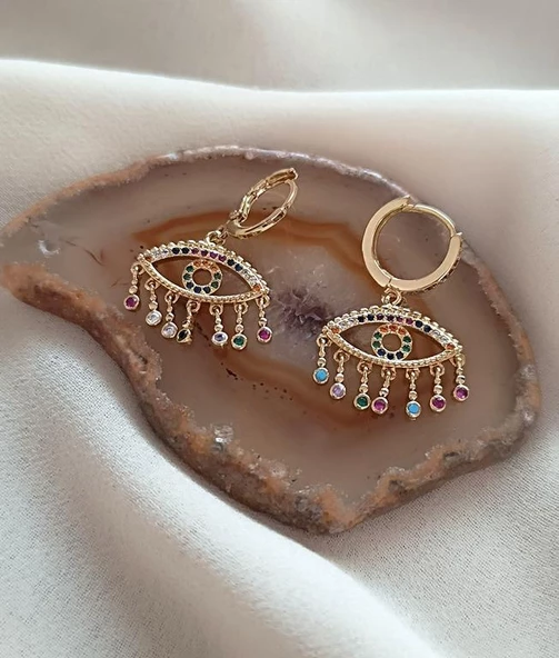 Küpe Kararmaz Çelik 316L Lüks Kadın Küpe Göz Gökkuşağı Küpe - Resim 2