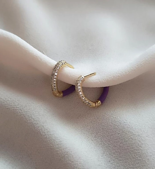 Küpe Kararmaz Çelik 316L Lüks Kadın Küpe Kalp Taşlı Mor Küpe - Resim 3