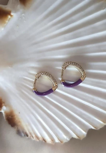 Küpe Kararmaz Çelik 316L Lüks Kadın Küpe Kalp Taşlı Mor Küpe ürün görseli