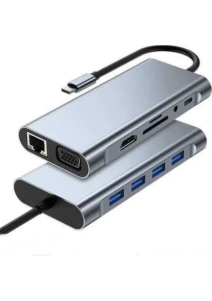 Aksesuarcı TYPE C Hub 11 in 1 USB C Docking Station 4K HDMI,VGA,Type C PD,USB3.0,RJ45 Ethernet,SD/TF AUX Macbook Pc Uyumlu Adaptör Çoklayıcı Çevirici Dönüştürücü hub114