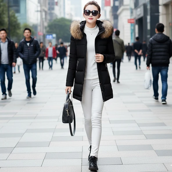 Kadın Tasarım Yakası Suni Kürklü Siyah Şişme Mont ürün görseli