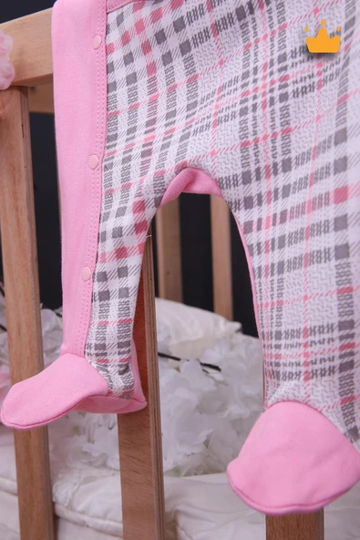 Babyhola %100 Pamuk Kız Erkek Bebek Şapkalı Uzun Kollu Kareli Patikli Tulum 24121 - 8