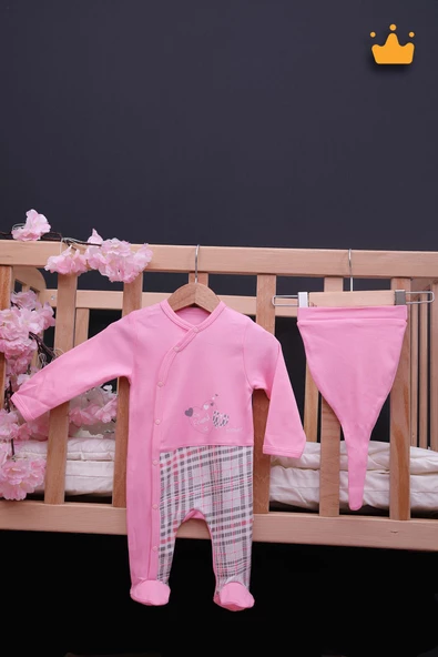 Babyhola %100 Pamuk Kız Erkek Bebek Şapkalı Uzun Kollu Kareli Patikli Tulum 24121 - 6