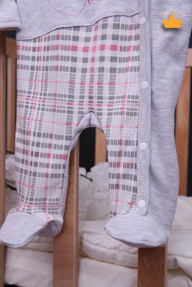 Babyhola %100 Pamuk Kız Erkek Bebek Şapkalı Uzun Kollu Kareli Patikli Tulum 24121 - 3