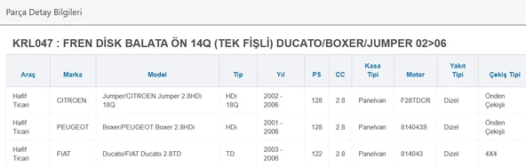 ECO-FİX FREN DİSK BALATA ÖN 14Q (TEK FİŞLİ) DUCATO/BOXER/JUMPER 02>06