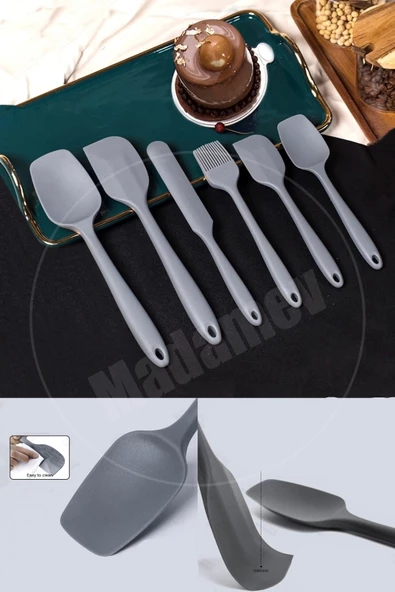 6lı Silikon Fırça Spatula Servis Takımı Yanmaz Yapışmaz Fırçası Kaşık Bıçak Spatula Seti Gri - 2