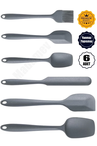 6lı Silikon Fırça Spatula Servis Takımı Yanmaz Yapışmaz Fırçası Kaşık Bıçak Spatula Seti Gri