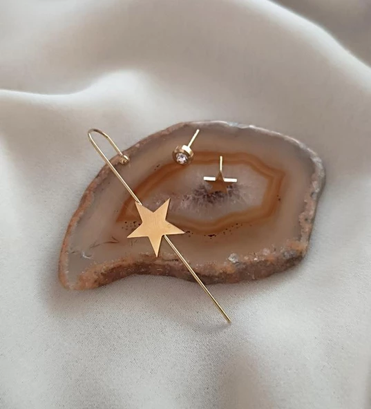 Kıkırdak Küpe Kararmaz Çelik 316L Lüks Yıldız Taşlı Kadın Küpe