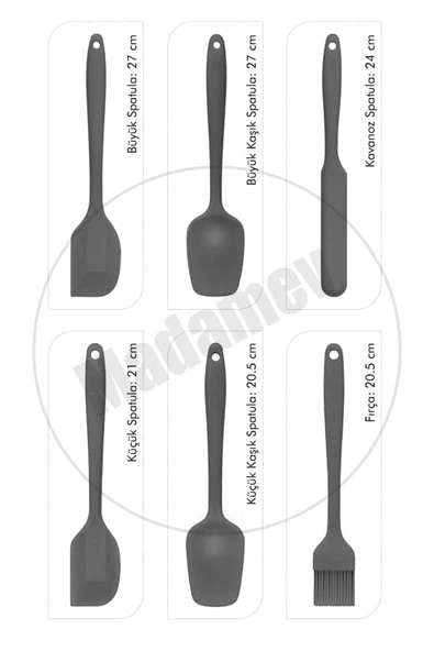 6lı Silikon Fırça Spatula Servis Takımı Yanmaz Yapışmaz Fırçası Kaşık Bıçak Spatula Seti Gri - 4