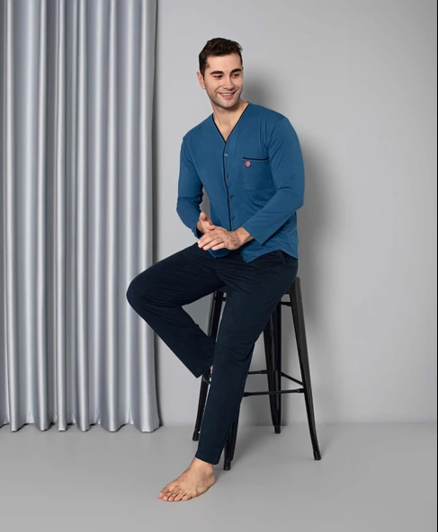 Erkek Mavi V Yaka Önden Düğme Gömlek Yaka Göğüs Cepli Pamuklu Cepli Uzun Kol Mevsimlik Pijama Takımı - 2