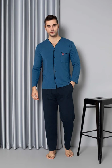 Erkek Mavi V Yaka Önden Düğme Gömlek Yaka Göğüs Cepli Pamuklu Cepli Uzun Kol Mevsimlik Pijama Takımı - 3