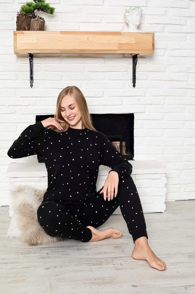Siyah Beyaz Puantiye Bisiklet Yaka Bilek Manşet/Lastikli 2 İplik Cepli Kışlık Pijama Takımı Homewear - 3