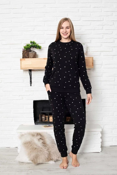 Siyah Beyaz Puantiye Bisiklet Yaka Bilek Manşet/Lastikli 2 İplik Cepli Kışlık Pijama Takımı Homewear - 4
