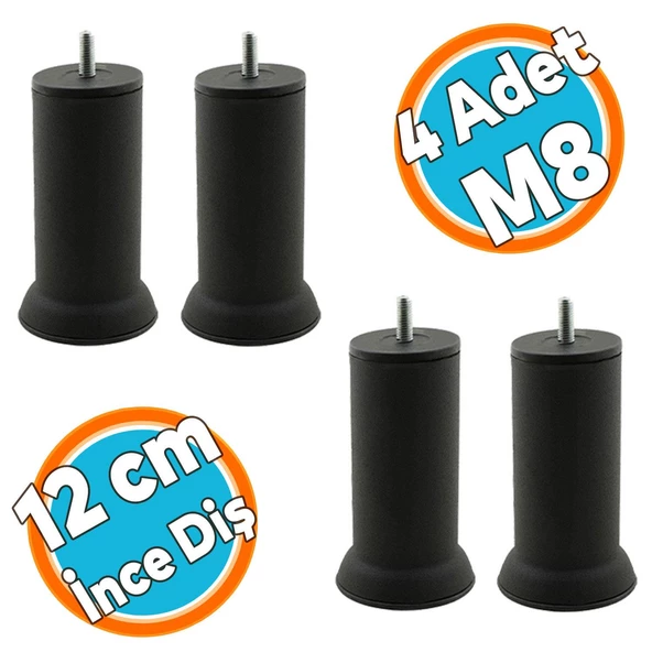 Mobilya Yüksletici Baza Metal Kanepe Koltuk Destek Ayağı M8 Civatalı İnce Diş Siyah Metal Ayak 12 Cm (4 ADET) ürün görseli