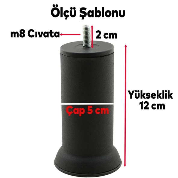 Mobilya Yüksletici Baza Metal Kanepe Koltuk Destek Ayağı M8 Civatalı İnce Diş Siyah Metal Ayak 12 Cm (4 ADET) - Resim 2