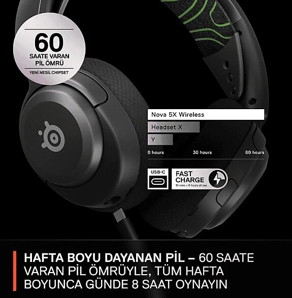 SteelSeries Arctis Nova 5X Wireless ve Bluetooth Xbox ve PC Kablosuz Oyuncu Kulaklığı - Siyah - 8