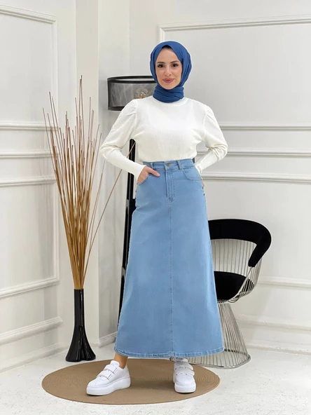 Doğal Kumaşlı Yıldız Rivetli Kot Etek - 9