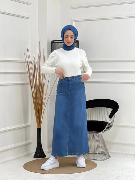 Doğal Kumaşlı Yıldız Rivetli Kot Etek - 5