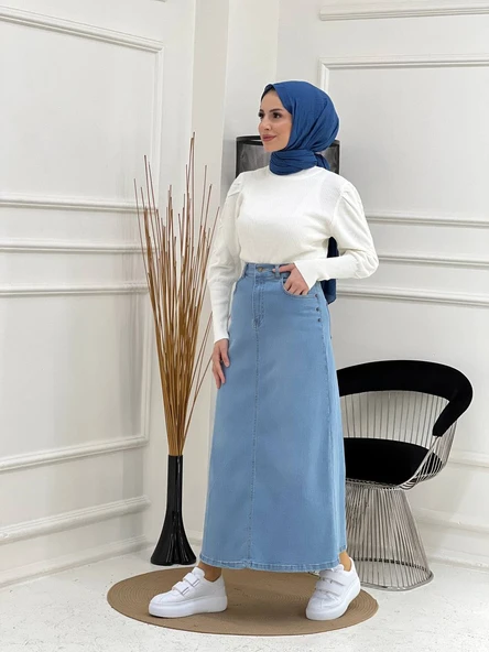 Doğal Kumaşlı Yıldız Rivetli Kot Etek - 10