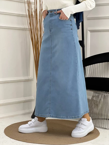 Doğal Kumaşlı Yıldız Rivetli Kot Etek - 11