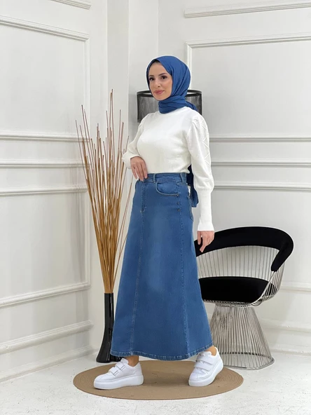 Doğal Kumaşlı Yıldız Rivetli Kot Etek - 6