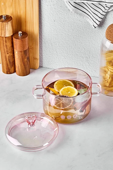 Tilbe Home 2 Adet Borosilikat Cam Tencere 1500ml Kalp Figürlü Isıya Dayanıklı Pembe Pink Kapaklı Tencere Seti - 2