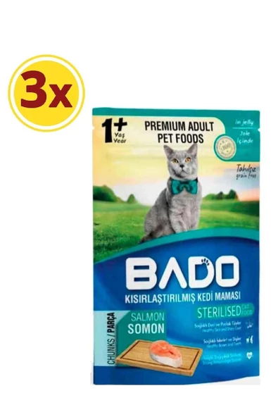 Bado Kısırlaştırılmış Somonlu Kedi Yaş Maması 85 Gr x 3 Paket