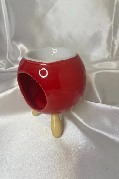 Buhardanlık Seramik Ahşap Ayaklı Buhurdanlık Kırmızı Yuvarlak - Resim 4