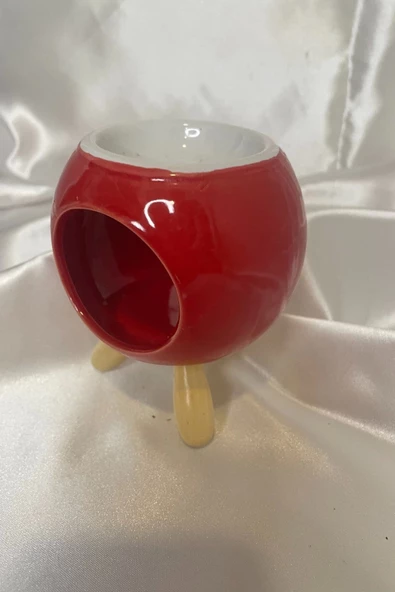 Buhardanlık Seramik Ahşap Ayaklı Buhurdanlık Kırmızı Yuvarlak - Resim 2