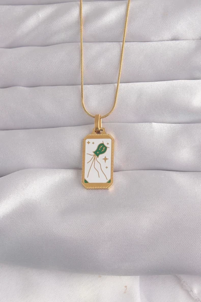 316L Çelik Gold Renk Beyaz Mineli Tarot Kolye ürün görseli 1