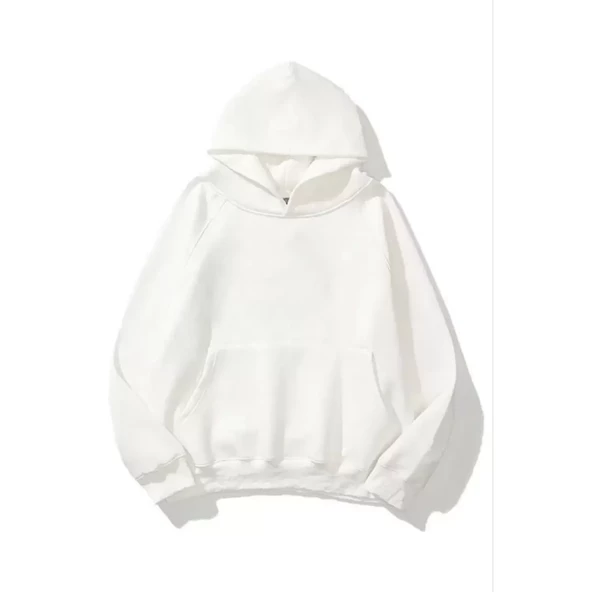 3 İplik Pamuklu Unisex Kapşonlu Sweetshirt - Beyaz - 2