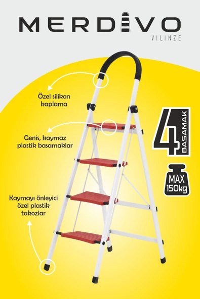 Merdivo 4 Geniş Basamaklı Metal Ev Ofis Merdiven 150 Kg Taşıma Kapasiteli