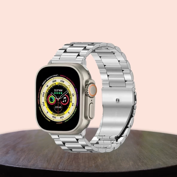 Apple Watch 42-44-45mm Uyumlu Kordon Paslanmaz Şık Çelik Tasarım Kayış GÜMÜŞ