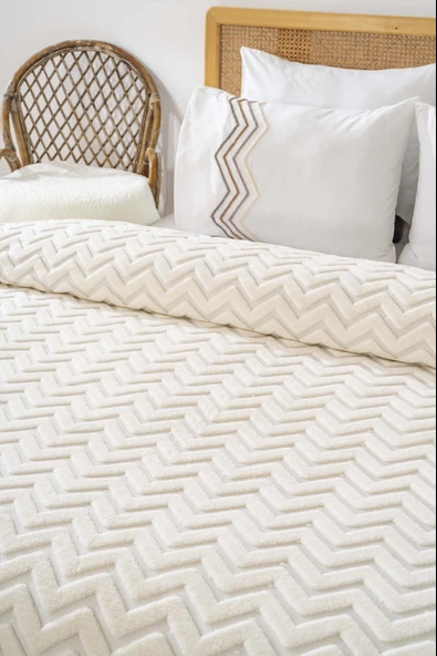 Rivaİstanbul Jakarlı Raşel İskandinav Çift Kişilik Yatak Örtüsü Bohem Punch Zigzag Desen - Resim 4
