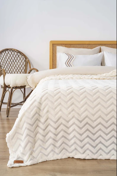 Rivaİstanbul Jakarlı Raşel İskandinav Çift Kişilik Yatak Örtüsü Bohem Punch Zigzag Desen - Resim 2