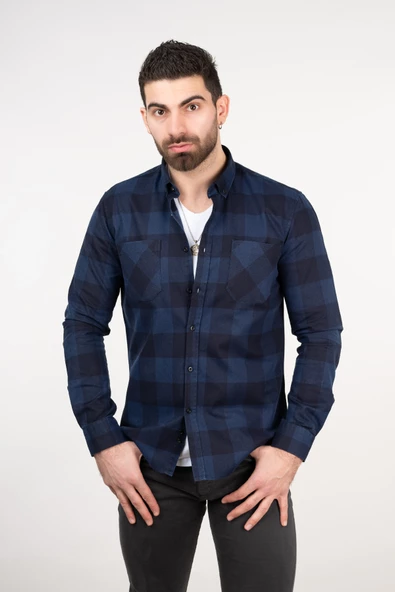 KARELİ ÇİFT CEP SLİMFİT LACİVERT ERKEK GÖMLEK - Resim 4