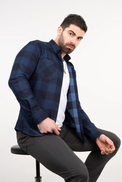 KARELİ ÇİFT CEP SLİMFİT LACİVERT ERKEK GÖMLEK - Resim 2