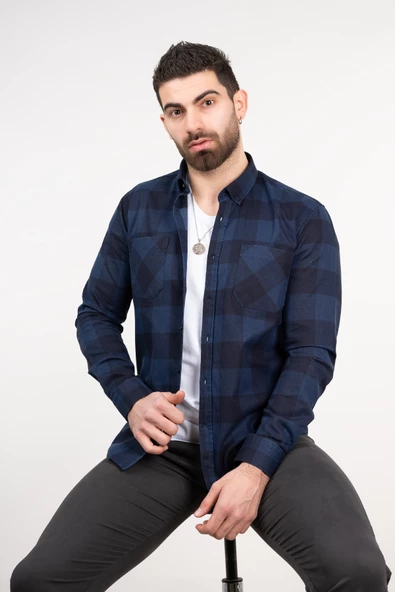 KARELİ ÇİFT CEP SLİMFİT LACİVERT ERKEK GÖMLEK - Resim 3