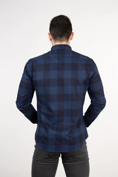 KARELİ ÇİFT CEP SLİMFİT LACİVERT ERKEK GÖMLEK - Resim 5