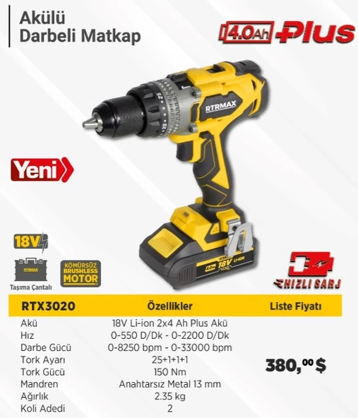 RTRMAX X-LION RTX3020 AKÜLÜ DARBELİ MATKAP KÖMÜRSÜZ 150Nm 2X4Ah PLUS AKÜ HIZLI ŞARJ - 2