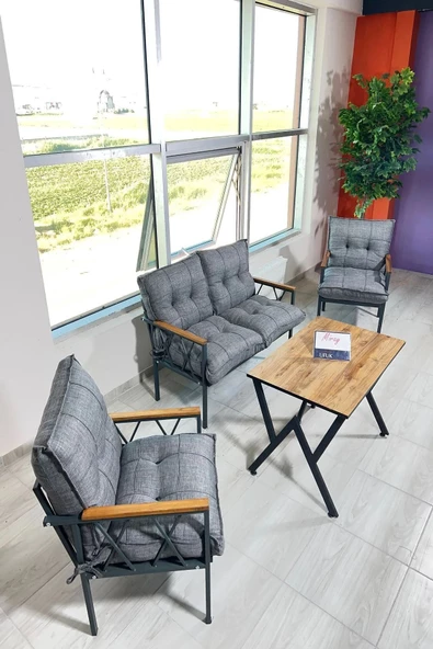 UFUK HOME Miray 211 Masalı Gri Fermuarlı Bahçe Balkon Takımı, Salon, Teras- Berjer Düğmeli Metal Çay Seti