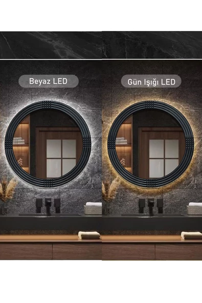 MONTESEV  Led'li Işıklı Safir Siyah Dekoratif Ayna Yuvarlak Ayna Işlemeli Ahşap Duvar Aynası Tekli - 56 Cm - 3
