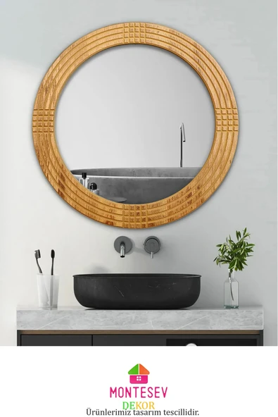 MONTESEV  Safir Antik İşlemeli Ahşap Dekoratif Ayna Yuvarlak Ayna Duvar Aynası Banyo Lavabo Aynası - 69 Cm - 3